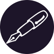 A dark blue circle with an illustrated fountain pen.