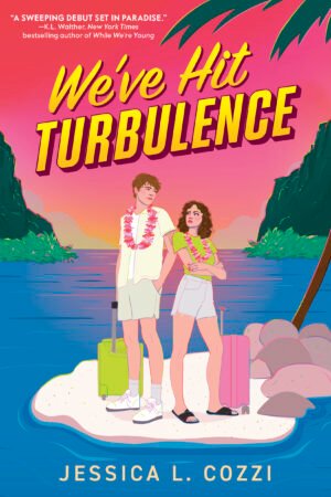 Cover for We've Hit Turbulence. Illustrated characters of a tall white man with short brown hair and a shorter woman with curly dark brown hair stand back to back, looking over their shoulders at each other. Both are wearing flower leis and have rolling suitcases next to them. They stand on a small island with white sand set in a blue ocean with a pink sunset sky behind them.