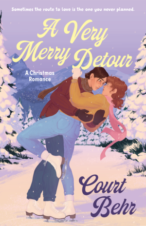Cover of A Very Merry Detour: A Christmas Romance by Court Behr. In a snowy mountain landscape, two women ice skate on a frozen lake. One woman catches the other in a dramatic, romantic dip as they gaze at each other, framed by snow-covered pine trees.