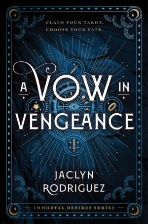 Cover of A Vow in Vengeance centering on title, with a background showing the minor arcana of tarot: a cup, sword, wand, and ring.
