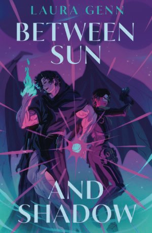 Cover for Between Sun And Shadow, showing two illustrated teen girls. On the left, Adria is tall and muscular, with short unruly hair. She has wings and claws, presently holding a small glowing sphere. On the right, Kori is a little more than half her height, fully armored except for her helmet, and brandishing a pistol.