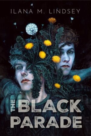 The ghostly faces of two young men peering from behind a bunch of dandelions, which seem to be sprouting from their faces.