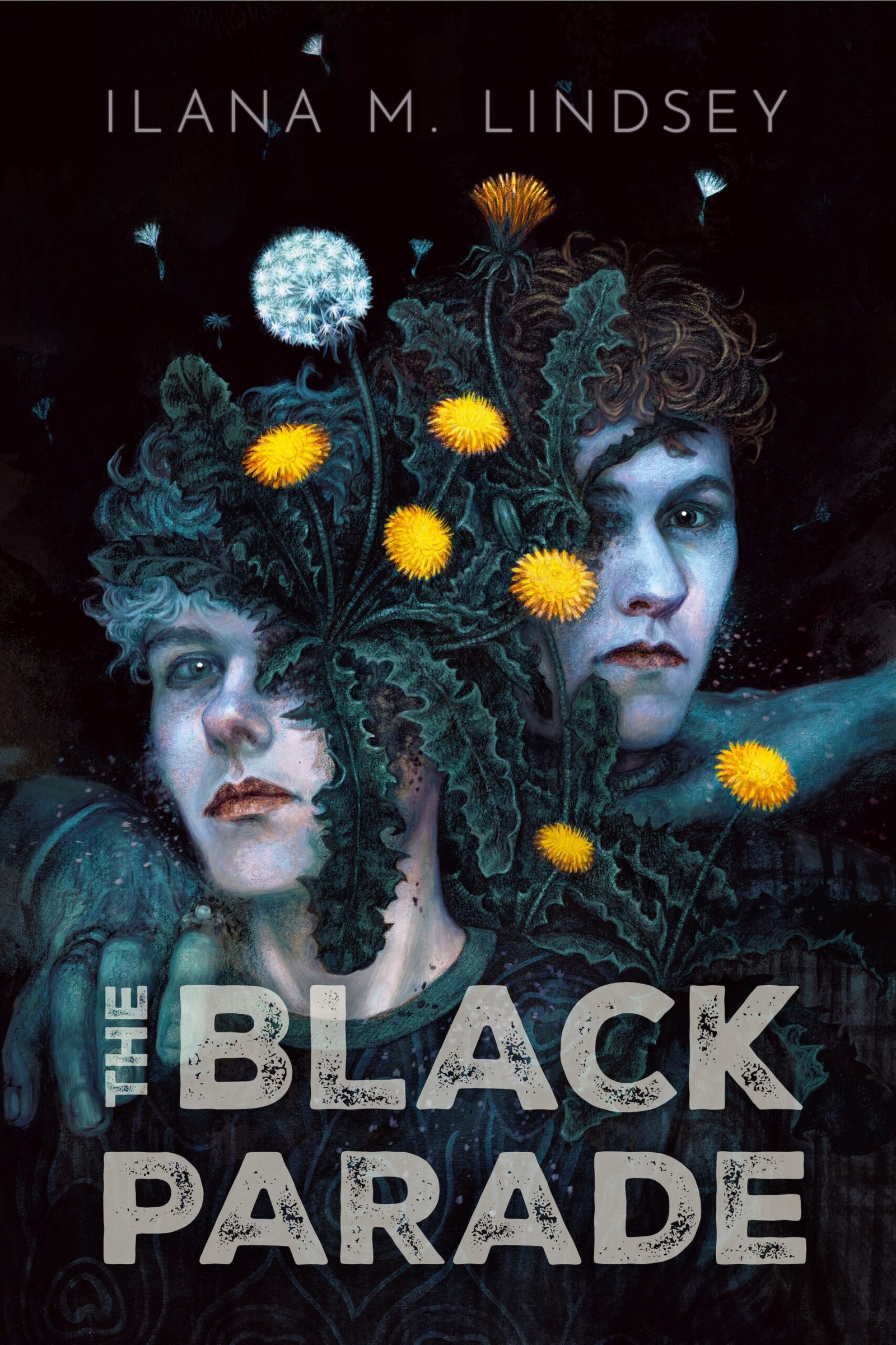 The ghostly faces of two young men peering from behind a bunch of dandelions, which seem to be sprouting from their faces.