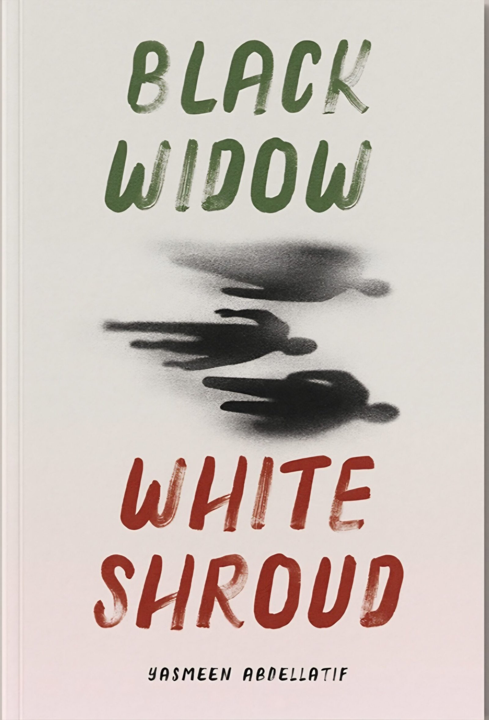 Cover for Black Widow, White Shroud, showing an illustration of three shadowy figures in the middle. The title is in faded olive green and burgundy letters.