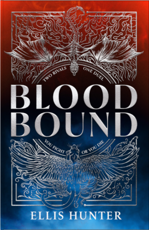 Cover for Blood Bound, showing a blue and red cover with a decorative dragon and winged-panther flying towards each other.