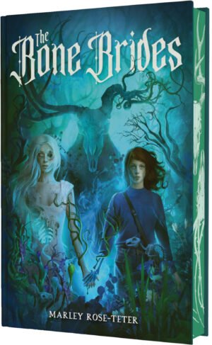 Cover for THE BONE BRIDES, by Marley Rose-Teter. The cover’s main color palate is glowy blues and aquas and features two girls holding hands while standing face-forward. One girl has a missing eye and a place her torso reveals instead a ribcage. The other girl has a hand that has become skeletal. In a satchel the second girl wears sits a skeleton-rabbit. Behind the girls looms a large skeleton-deer, with one antler replaced by vines. Very moody and atmospheric. The book has pale-green sprayed edges, stenciled with deer skulls and the same antler/vine combination.