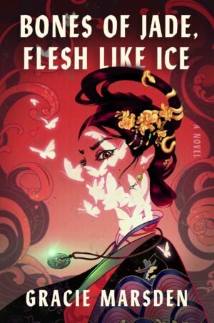 Cover for Bones of Jade, Flesh Like Ice, showing an image of a woman in a hanfu with butterflies crawling up her neck and covering her face. There is a snake hidden in her hair ornaments and a pig carved onto the jade pendant at her neck. There is a fisherman featured on the hanfu.