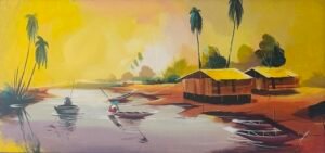 A painting of an African hut near a river with a man in a canoe.