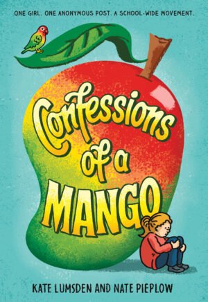 A girl sits beside a large mango.
