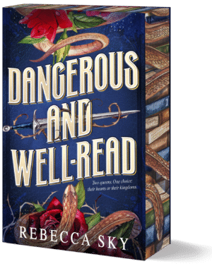 Cover for Dangerous and Well-Read by Rebecca Sky, showing a blue background with roses and a snake winding up from the top and bottom and a sword piercing through the word "and" the title is in gold font and the edges are sprayed with stacks of books and a gold snake winding through.