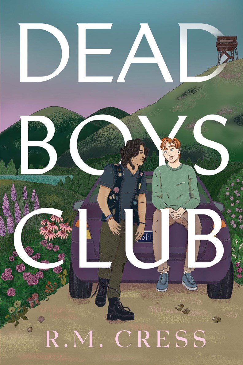 Cover for Dead Boys Club, showing an illustration of two boys standing in front of a car with a mountainous National Park in the backdrop. There is a fire tower in the distance. The boy on the left has dark brown hair and is dressed in punk fashion. The boy on the right is pale with red hair and is dressed in a green shirt and cargo pants.