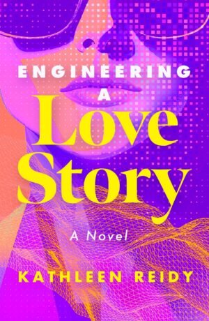 Cover for Engineering a Love Story, showing a blurred image of woman in sunglasses with a pixelated, tech-looking scarf. The title and author's name are written in a bold, blocky font.