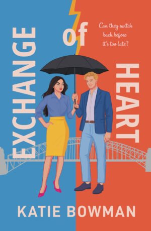 Exchange of Heart, showing an illustration of a man and woman holding a black umbrella in front of the Sydney Habour Bridge with a lightning bolt above. The left half has a solid blue background, the right side is orange.