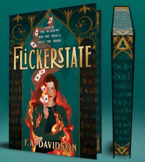Cover for FLICKERSTATE, showing a young woman with an intense expression holding playing cards between her fingers while fire billows from her body. She stands in front of a mullioned window with ornate bookshelves on either side of her.