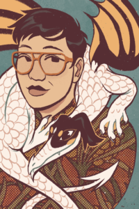 An illustration of Grovey Pascasio, a short-haired Filipino butch lesbian with orange glasses and a patterned shirt. Climbing on and snaking around her neck and shoulders is a white dog-like dragon with patterns like a black mask on its face.