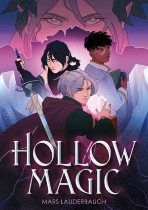 Book cover for HOLLOW MAGIC by Mars Lauderbaugh. Three characters face the viewer on a dark blue and pink background. There is ice and a the dark outline of a castle in the midground. In the far background, the eyes and hair of a woman is peeking out over the castle. Title text at the bottom of the page reads: HOLLOW MAGIC and underneath the author type reads MARS LAUDERBAUGH.