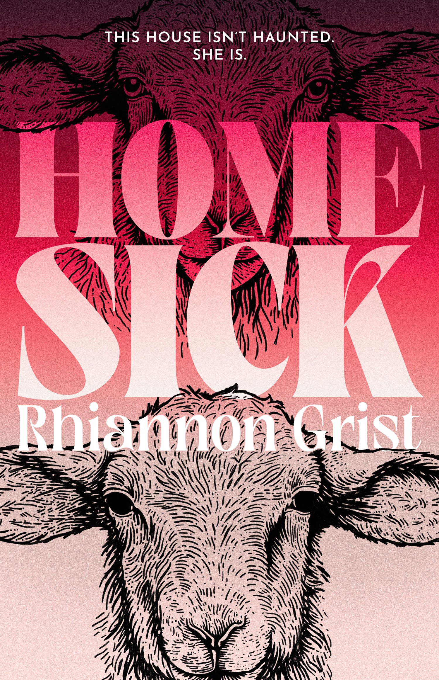 Cover for Home Sick, showing two sheep heads staring out at the viewer on a gradiated pink background. One of the sheep has creepy black eyes, like a shark. The book title and author's name, Rhiannon Grist, are written in a thick, pointed font.