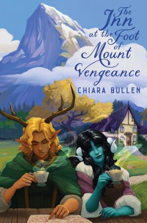The cover depicts a man with pointed ears, antlers and long blonde hair sipping from a teacup. His companion is a teal-skinned woman with curling, white horns and long black hair smiling as she holds a teacup. Behind them, a white building sits under a looming mountain.