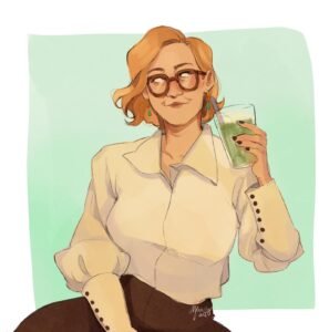 Illustration of a middle aged person with chin-length strawberry blond hair, wearing brown glasses and green pendant earrings. They are wearing a poet shirt and are holding an iced matcha.