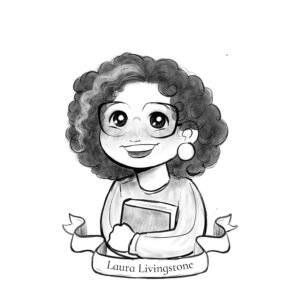 Black and white cartoon image of a very jolly, bespectacled, curly haired author clutching a book.