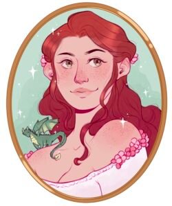 An illustration of Lily Starling, a white woman with long red hair, with a small green dragon on her shoulder. She looks coyly off to the side.
