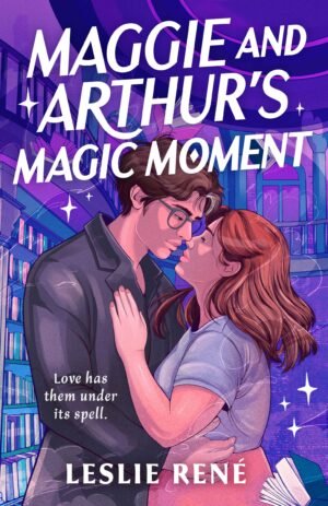 Cover for Maggie and Arthur's Magic Moment, featuring a tall white man with glasses, dark brown hair with streaks of grey, wearing a jacket, leaning in to kiss a white plus-size woman with auburn hair. They are in a library and there are magic swirls all around them. The title Maggie and Arthur's Magic Moment is above them and the author's name, Leslie René, is at the bottom.