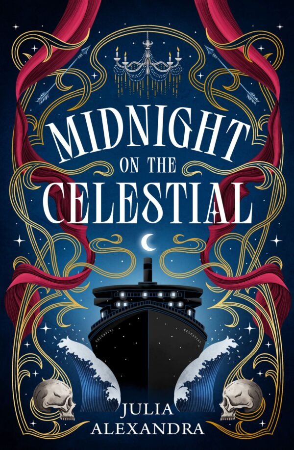 A dark blue, starry cover for MIDNIGHT ON THE CELESTIAL by Julia Alexandra. A black cruise ship surrounded by skulls, gold filigree, and red aerial silks.