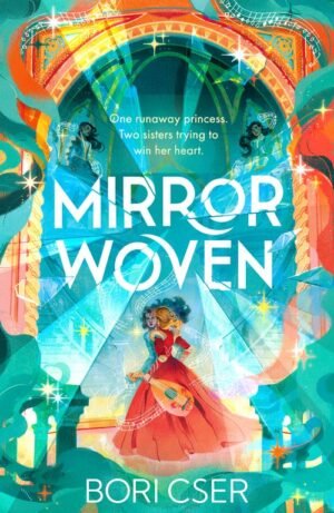 Cover illustration for Mirrorwoven. A large ornate Venetian-style mirror frames the book's title, with a glass shattering effect exploding from the centre. A light-skinned girl teenage with shoulder length blonde hair in a red ballgown holding a lute is looking into the mirror; her reflection has long red hair. Looking out from the mirror on elevated balconies on the left and right are two teenage girls with darker skin and long dark hair, also in elaborate gowns. Within the mirror, stairways lead up to the balconies; outside the mirror are banisters leading towards and framing the girl in the centre. The colour palette is orange and teal, with swirling colours and ornamental sparkles, as well as ornamental ribbons of music wrapping around the three girls and the frame of the mirror.