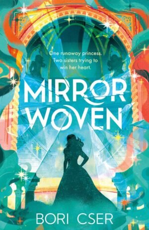 Cover for Mirrorwoven, showing a silhouette of a girl in a ball gown in front of a large stylised mirror. In the upper right and left hand regions of the mirror are two additional silhouetted girls. The book's title is in large letters inside the mirror frame. Surrounding the mirror are swirls and sparkles and a shattered mirror effect bursts from the middle. The colour palette is mainly teal, turquoise and orange.
