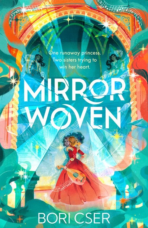 Cover illustration for Mirrorwoven. A large ornate Venetian-style mirror frames the book's title, with a glass shattering effect exploding from the centre. A light-skinned girl teenage with shoulder length blonde hair in a red ballgown holding a lute is looking into the mirror; her reflection has long red hair. Looking out from the mirror on elevated balconies on the left and right are two teenage girls with darker skin and long dark hair, also in elaborate gowns. Within the mirror, stairways lead up to the balconies; outside the mirror are banisters leading towards and framing the girl in the centre. The colour palette is orange and teal, with swirling colours and ornamental sparkles, as well as ornamental ribbons of music wrapping around the three girls and the frame of the mirror.