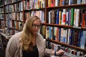 Natalie Keller Reinert in a bookstore.
