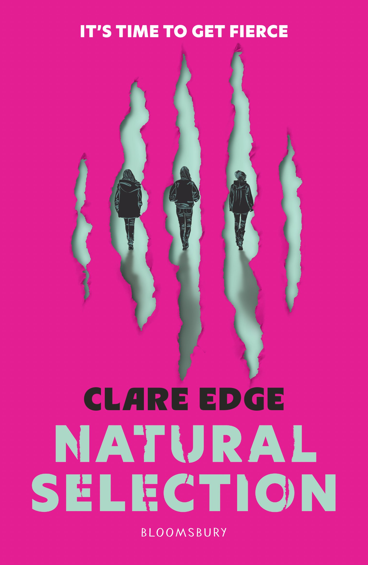 Bright pink cover with the title Natural Selection and the author's name Clare Edge. The covers features dramatic scratch marks with three girls in silhouette.