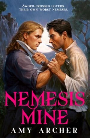 "Cover one: UK cover for Nemesis Mine, showing two men staring at each other intensely whilst holding daggers to each other's throats, with a night sky and full moon in the background. The man on the left has long blond hair and wears a pale blue shirt, the man on the right has shorter brown hair and wears a cream shirt. Nemesis Mine is written in spiky bright pink lettering across the front.
