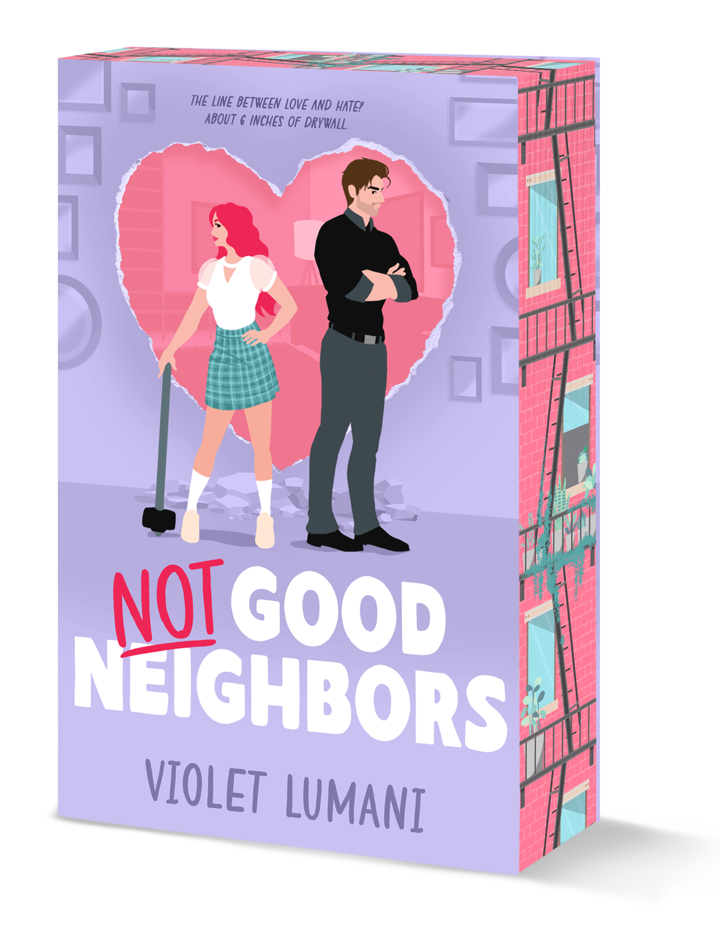 Cover for Not Good Neighbors, showing an illustrated woman leaning on a sledgehammer, her back to an illustrated man who is looking back at her with his arms crossed. They stand in front of a hole between their apartments in the shape of a heart. The book title and author’s name are written in whimsical font, and at the top of the image in smaller font reads: “the line between love and hate? About six inches of drywall.”