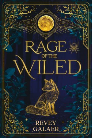 Cover for Rage of the Wiled, showing atmospheric background with dense, shadowy blue-green foliage bordered in metallic gold vines. From the top dangles a gold spider. A gold fox is centered beneath the large serif title: Rage of the Wiled. Revey Galaer is centered at the cover's bottom.