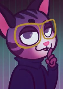 A drawn image of a tabby cat wearing glasses and a black turtleneck with a finger to their mouth indicating a secret.
