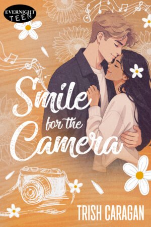 Picture of Smile for the Camera's cover: Emilyn and Jase are hugging with Emilyn’s hand on Jase’s chest Jase’s nose on Emilyn’s forehead. There are Sampaguitas (the national flower of the Philippines 🇵🇭) and doodles of a camera, music notes, and sunflowers. It’s yellow with the Evernight Teen logo on the top left corner.