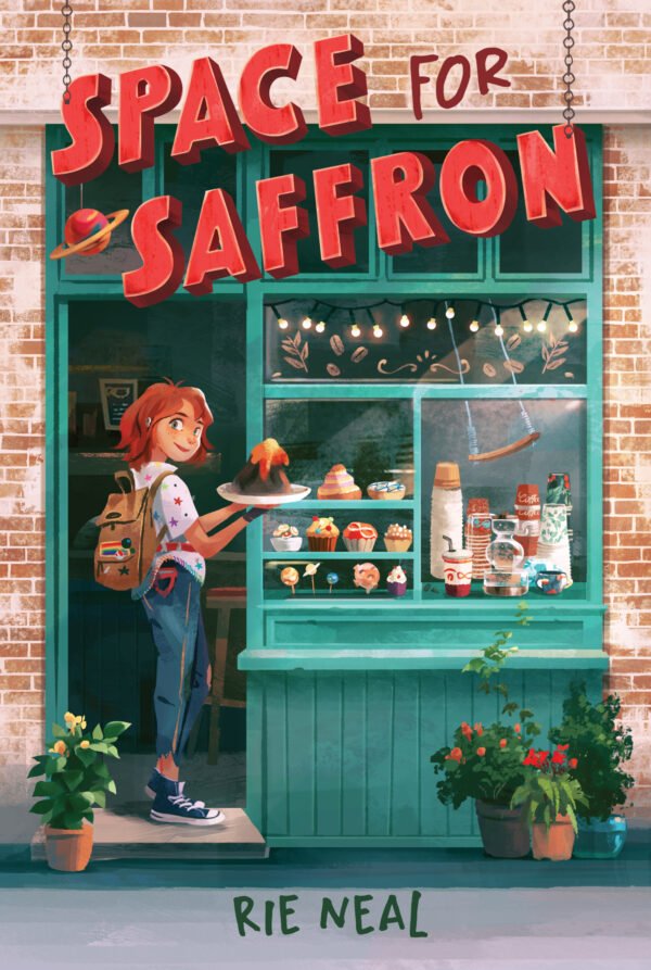 Cover for Space for Saffron, by Rie Neal. Image shows a 10-year-old girl with fair skin and red hair, wearing a bone-anchored hearing aid. She stands in the doorway of a coffee shop, holding a model volcano.