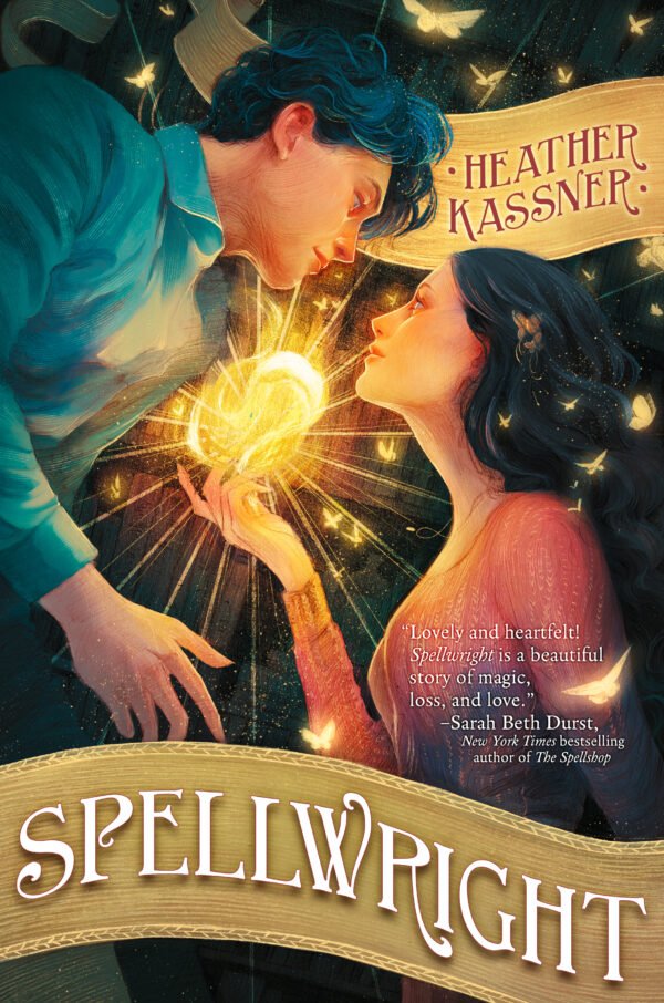 Cover for Spellwright, showing an illustrated a male magician on the left (wearing a blue shirt) and a female spellwright on the right (wearing a pink sweater) and between them glows golden magic. They are standing in front of a shelf with books. The book title, Spellwright, and the author's name, Heather Kassner, are written in a whimsical font on a long ribbon-like scroll of paper.