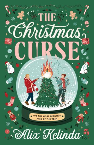 Cover for The Christmas Curse, showing a woman tangled in Christmas lights and a man putting out a Christmas tree fire.