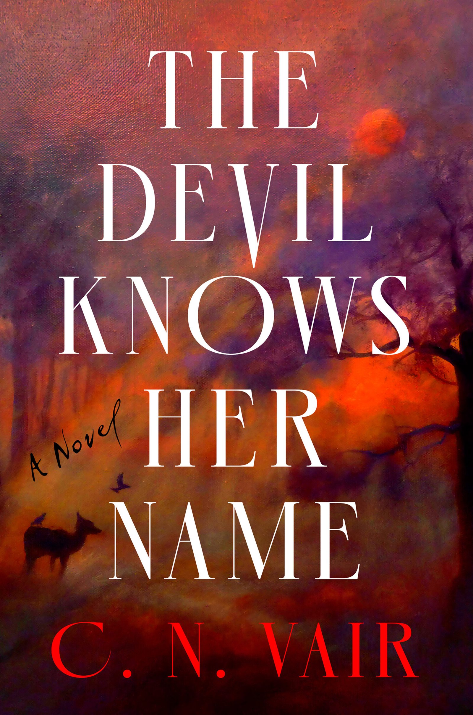 Cover for The Devil Knows Her Name, showing the silhouette of a fawn against an eerie, smoky purple and vivid orange backdrop.
