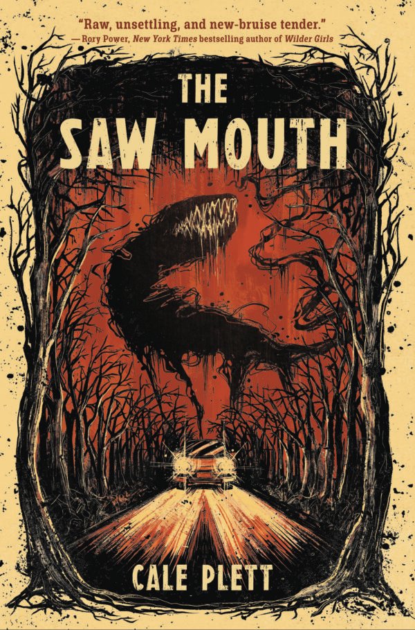 Cover for The Saw Mouth, showing a long black ethereal monster with dripping teeth looming behind a car driving down a country road framed by dead trees reaching over it. The background is orange and the monster is black.