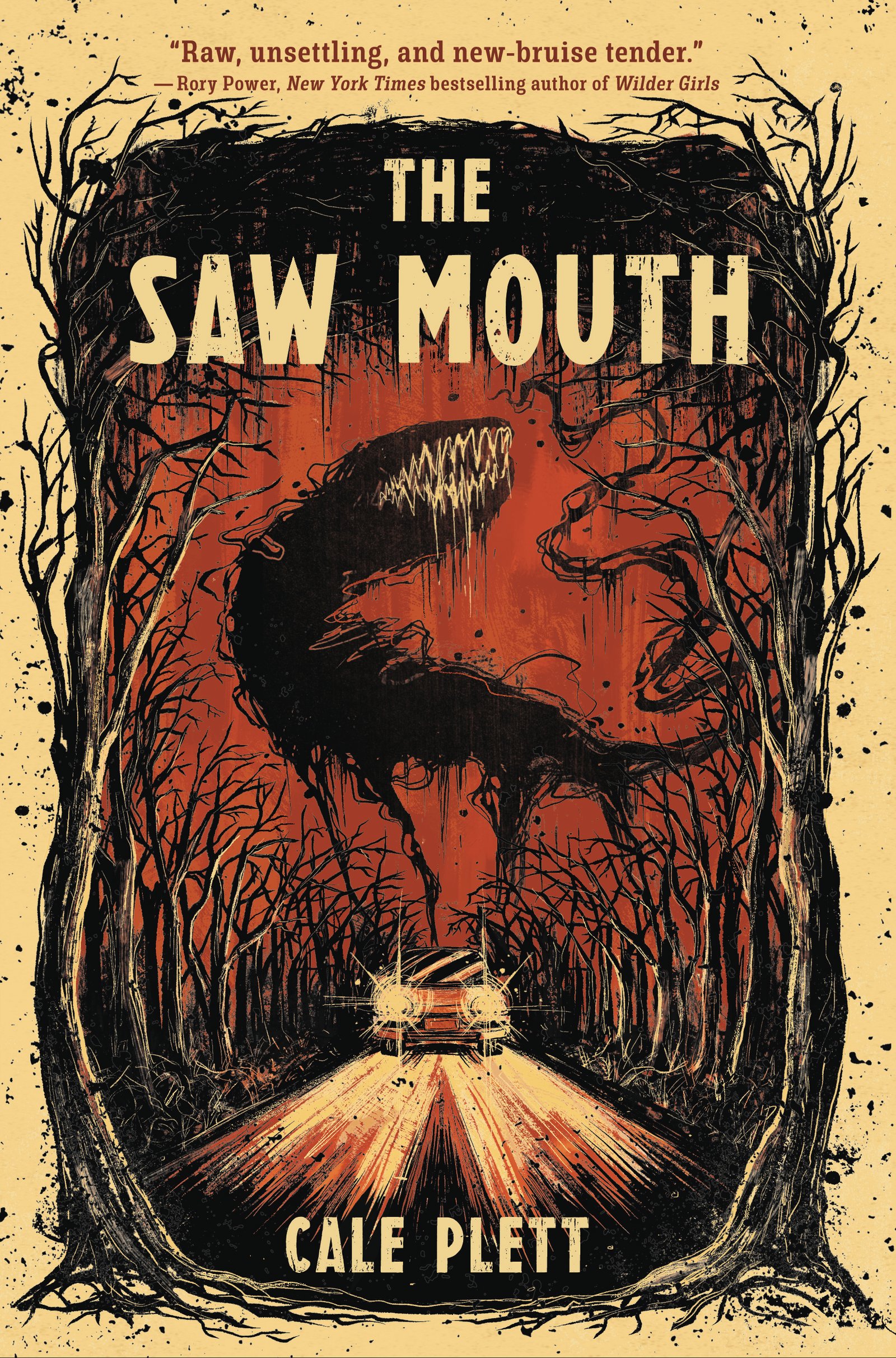 Cover for The Saw Mouth, showing a long black ethereal monster with dripping teeth looming behind a car driving down a country road framed by dead trees reaching over it. The background is orange and the monster is black.