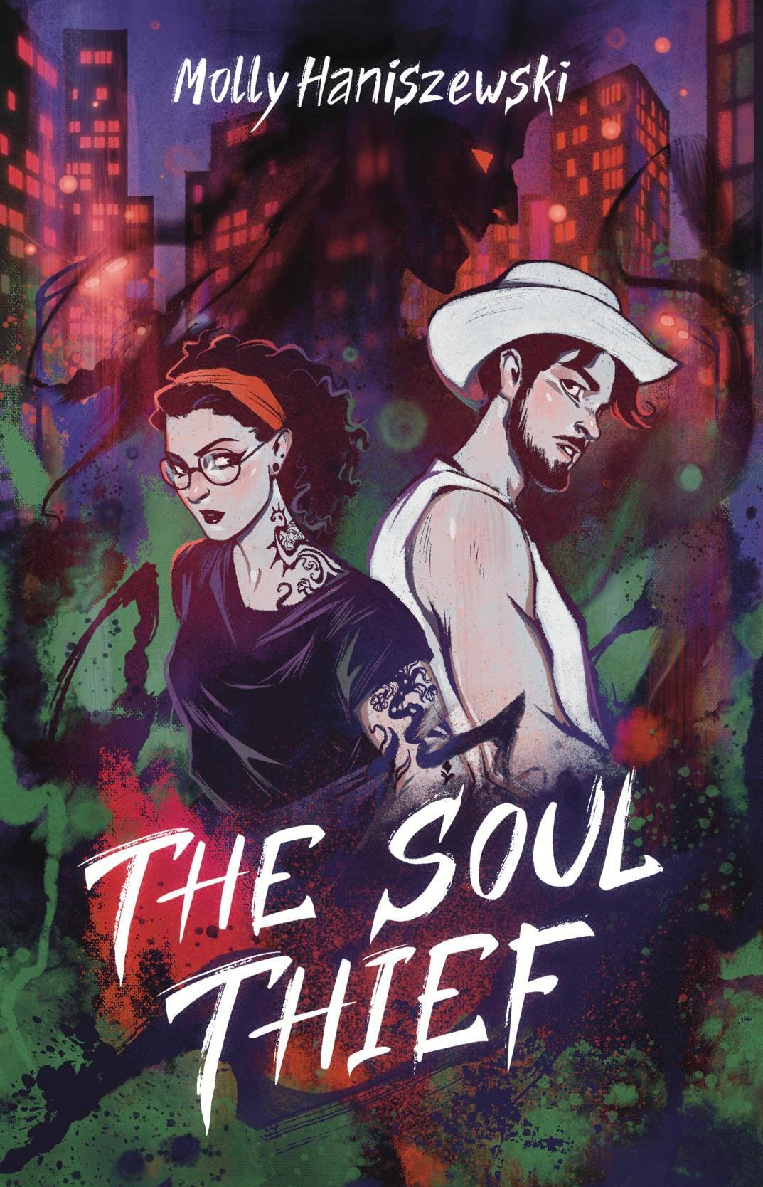 Cover for The Soul Thief, showing a femme person with dark curly hair, tattoos, and glasses standing back-to-back with a masc person with dark hair wearing a white hat. The two of them are surrounded by shadows, with a city in the background.