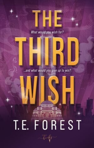 A purple background with a city skyline. In the middle is a mosque-like building from which a giant skyscraper reaches into the clouds. Surrounding the skyscraper is the title in bright orange: The Third Wish. Between the title, smaller white letters say: What would you wish for? And what would you give up to win? By T. E. Forest.
