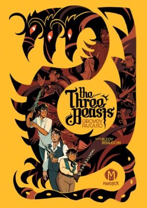 Cover for "The Three Beasts", showing a large black silhouette of a three-headed dragon on a yellow background.The looming dragon is looking down at the three main characters: Dima, Espie, and Keris, each wielding ornate kalis swords with wavy, serpentine blades. Within the dragon's figure are faint images of more characters (older-looking men) and more dragons of different species. The title is in all-black, stylized Gothic text with swirly flourishes. The Author/Artist is Grovey Pascasio, with contribution by Buddy Beaudoin (Letterer).