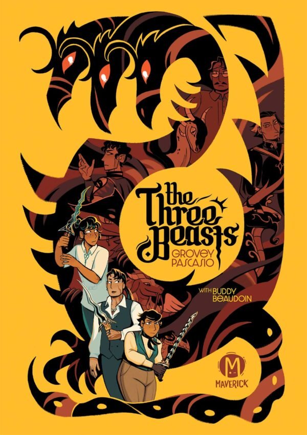 Cover for "The Three Beasts", showing a large black silhouette of a three-headed dragon on a yellow background.The looming dragon is looking down at the three main characters: Dima, Espie, and Keris, each wielding ornate kalis swords with wavy, serpentine blades. Within the dragon's figure are faint images of more characters (older-looking men) and more dragons of different species. The title is in all-black, stylized Gothic text with swirly flourishes. The Author/Artist is Grovey Pascasio, with contribution by Buddy Beaudoin (Letterer).