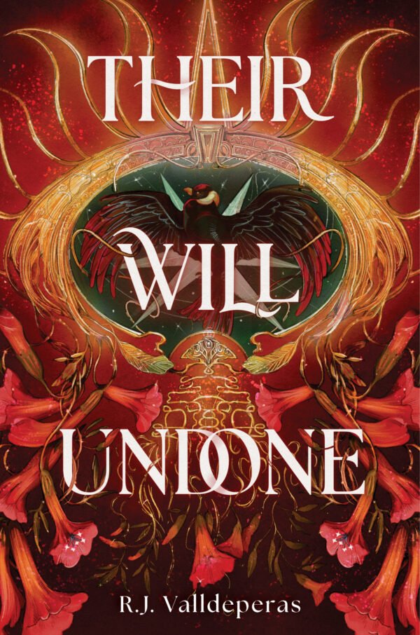 Cover for Their Will Undone with a red background with gold sunburst and a condor in the middle on a green background, with a golden temple underneath and pink lily of the Incas flowers and golden vines throughout. The words Their Will Undone in white over top with the D and O overlapping like marriage ring. The authors name is at the bottom.