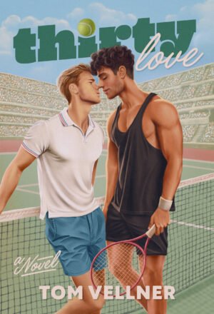 A white male tennis player in a white polo shirt and blue shorts leans in for a kiss with a Latino tennis player in a black tank top and black shorts. They are standing in front of the net on a pale green tennis court with fans in the stands behind them and a blue sky with clouds above.