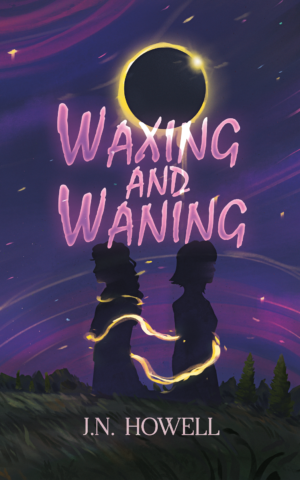 A book cover that is purple with wisps of gold and pink. Atop grass are two black silhouettes of women with a golden tether wrapping around them. Pink text says: WAXING AND WANING. Above that is an eclipse.